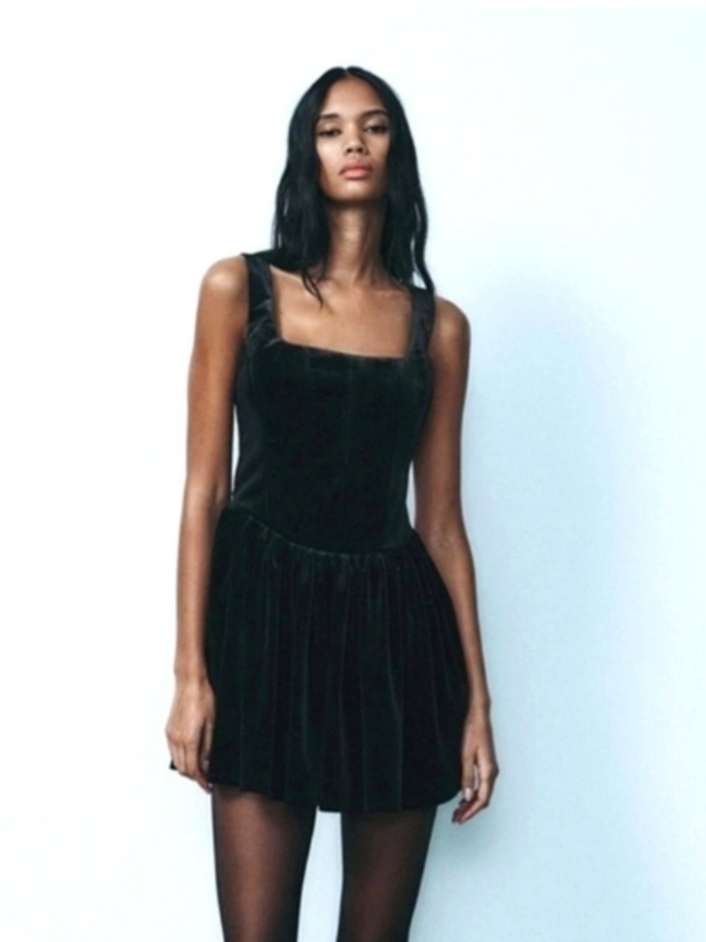Zara Black Velvet Mini Dress with Square Neckline - Picture 2 of 2